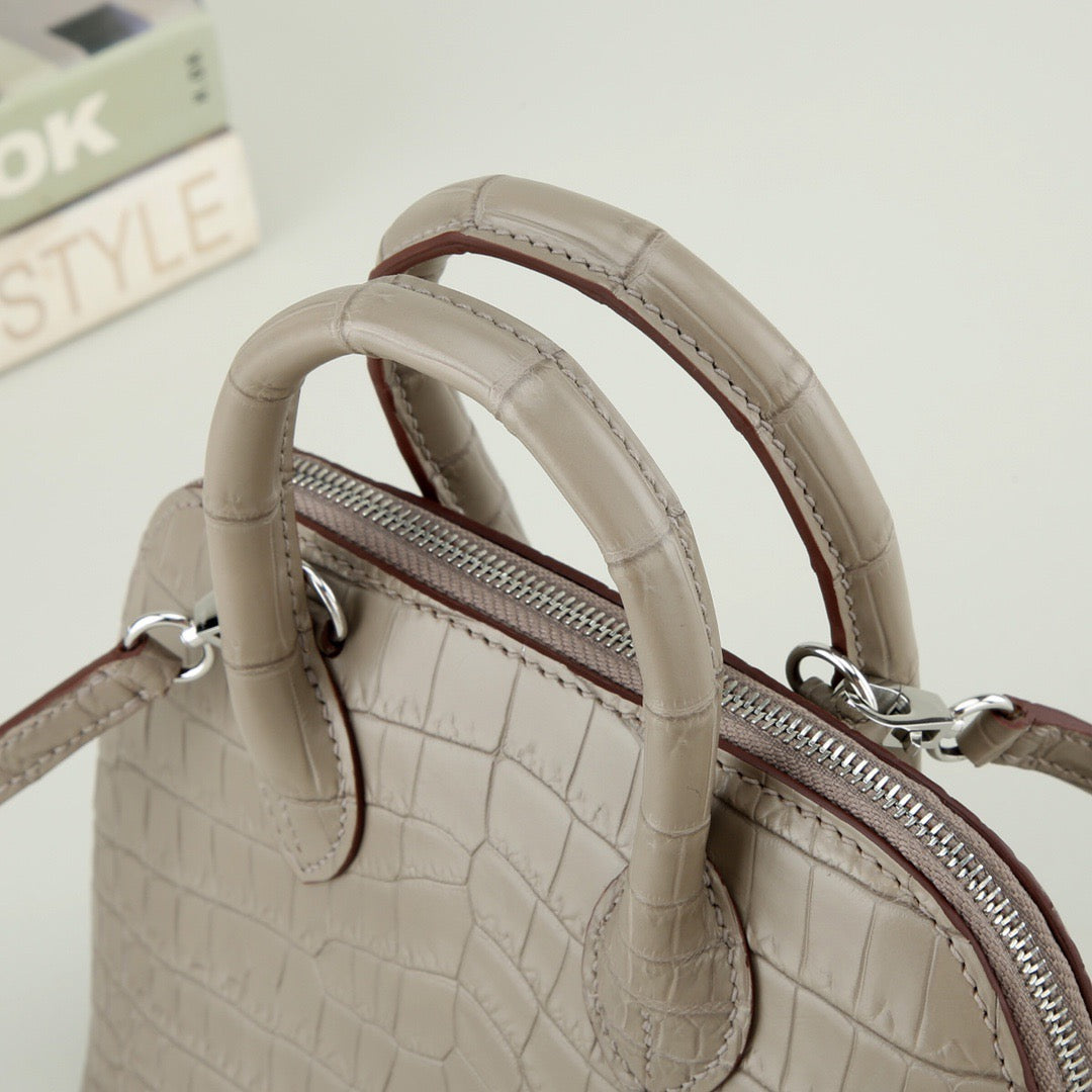 Prorder Genuine Crocodile Leather Shell Promennade Trapezoid Cross Body Bag Grey Small