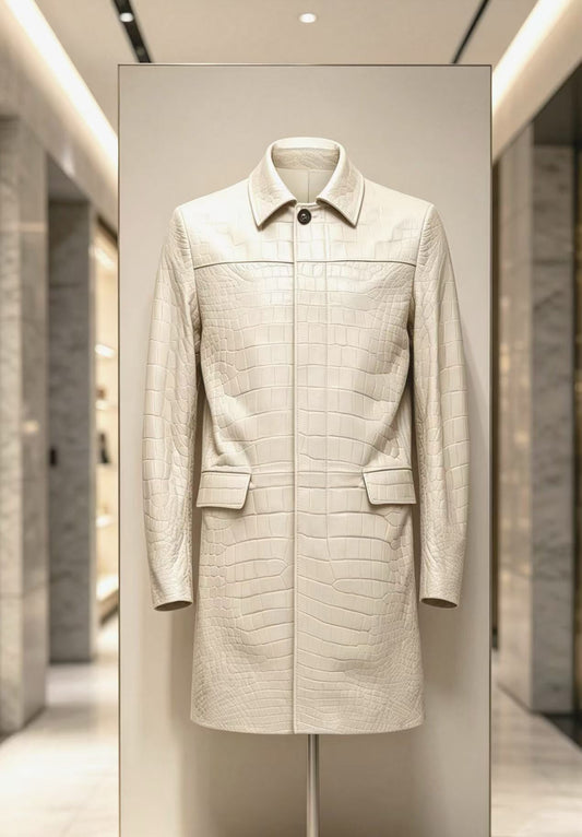 Men's White Crocodile Leather Long Coat