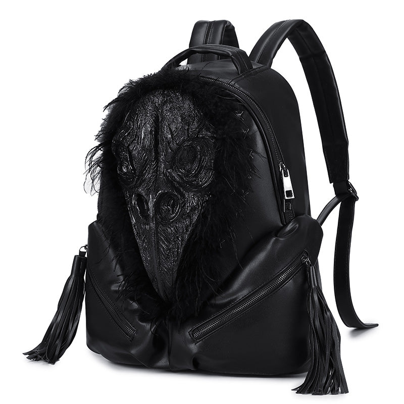 3D Backpack 3D PU Leather Beak Skull With Feather Computer Backpack