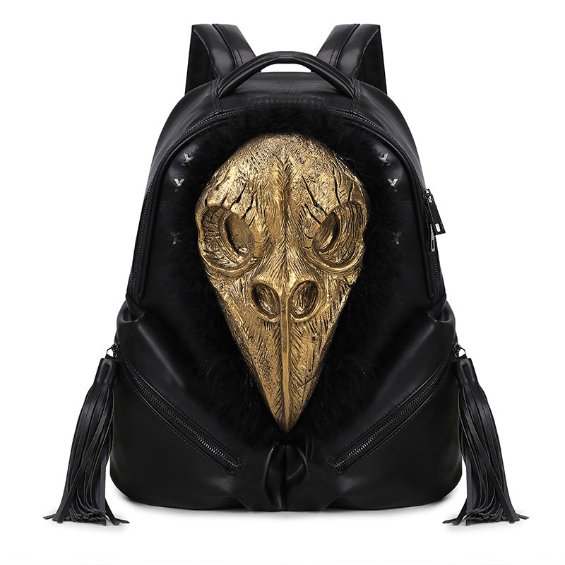 3D Backpack 3D PU Leather Beak Skull With Feather Computer Backpack
