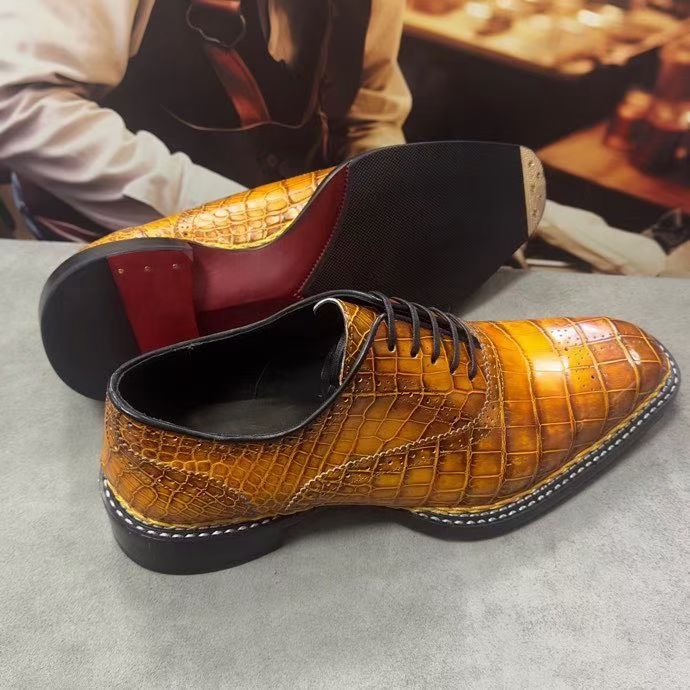 Crocodile Shoes Men's Vintage Brown Crocodile Leather Norwegian Sewn Lace Up Shoes
