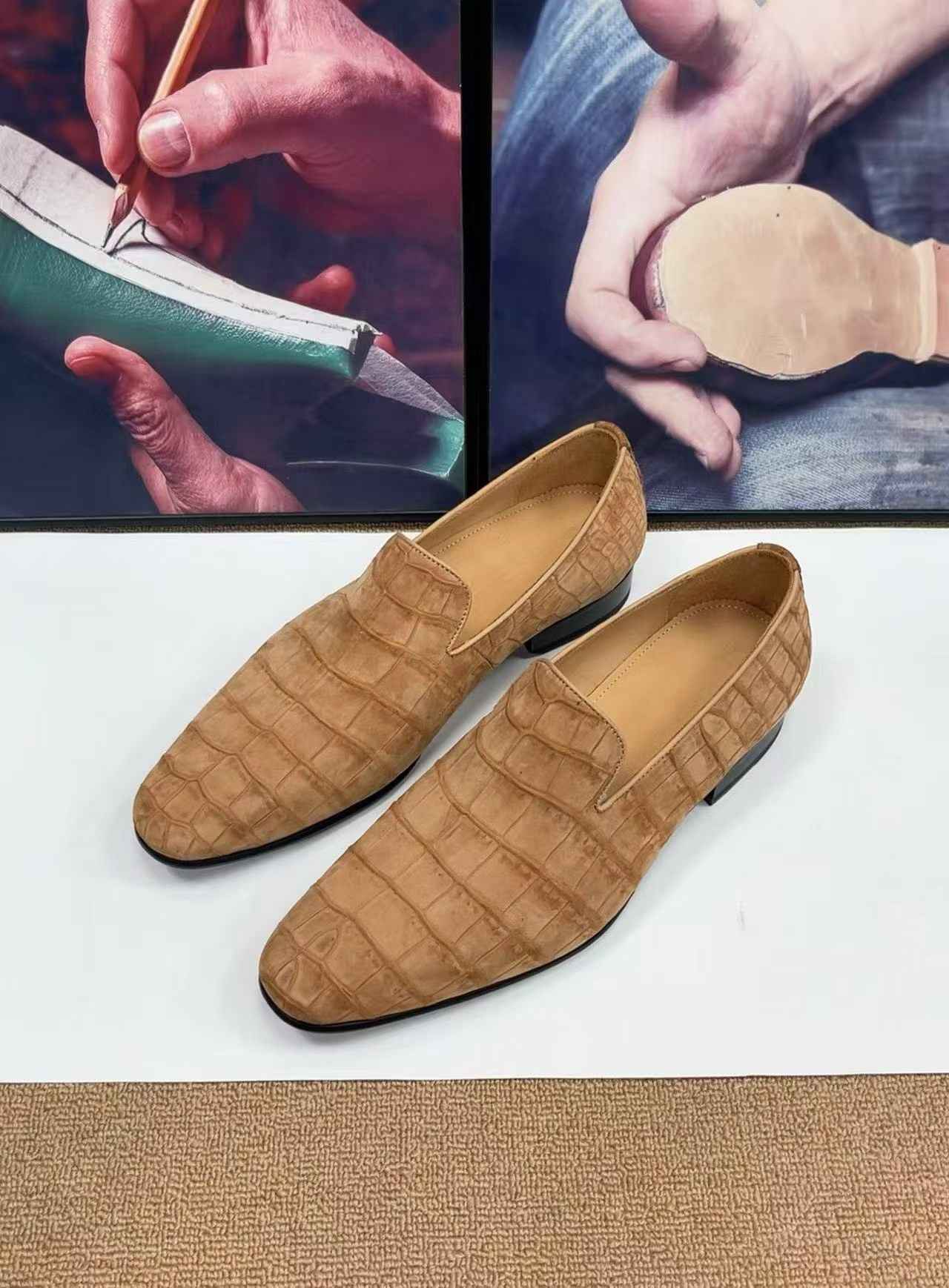 Crocodile Shoes, Men's Nubuck Crocodile Leather Slip-On Loafer Shoes Camel