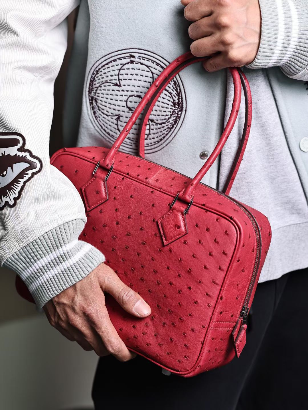 Womens Genuine Ostrich Skin Leather Top Handle Shopper Bags