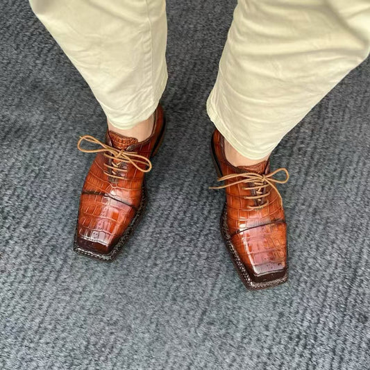 Genuine Crocodile Leather Square-Toe Classic Lace -Up Dress Shoes