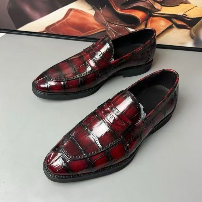 Crocodile Leather Loafer Shoes Vintage Red