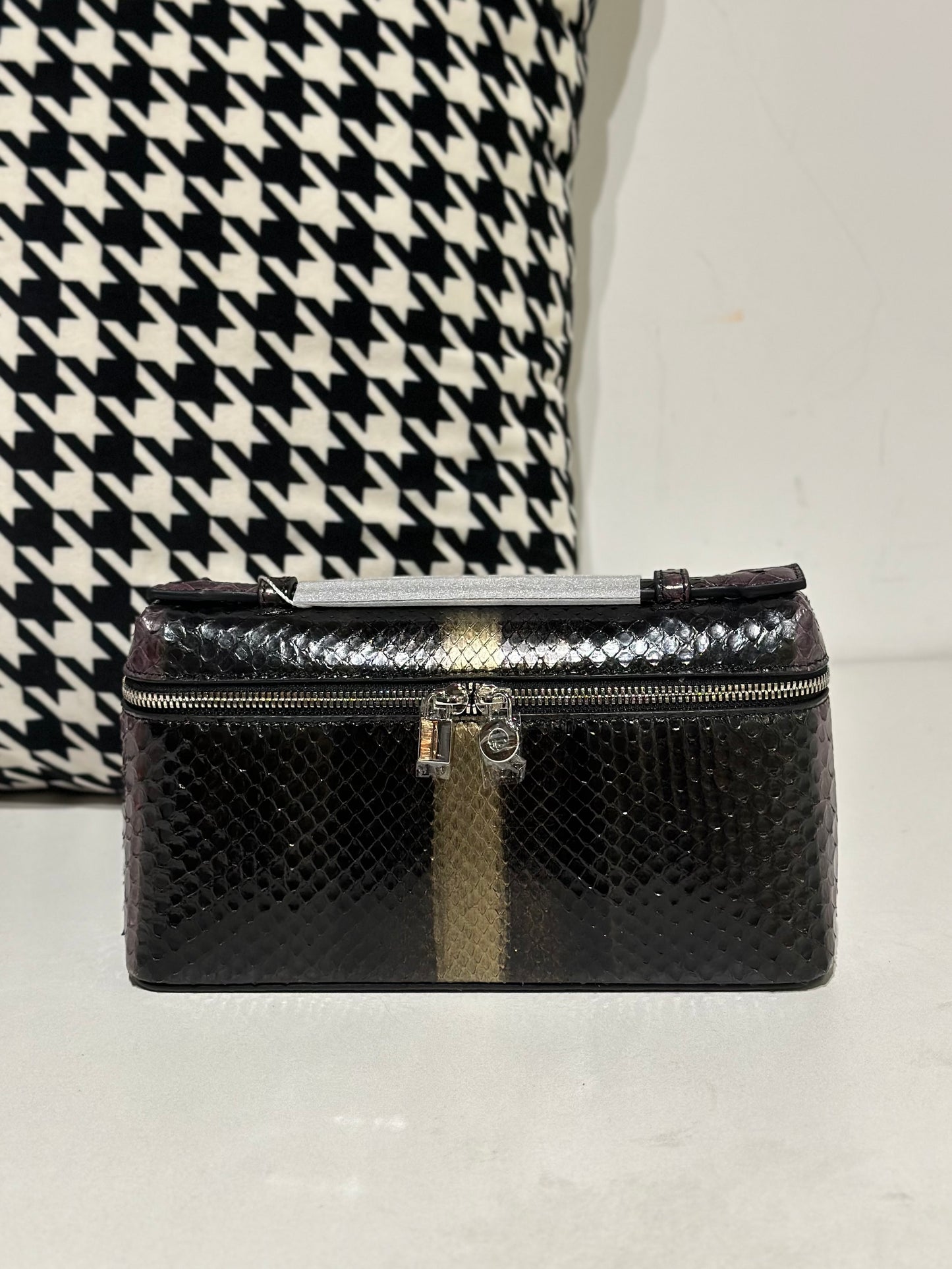 Genuine Python Skin Leather Zipper Cosmetic Handle Bag