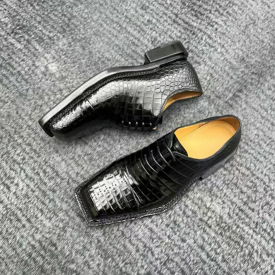 Genuine Crocodile Leather Square-Toe Classic Lace -Up Dress Shoes Black