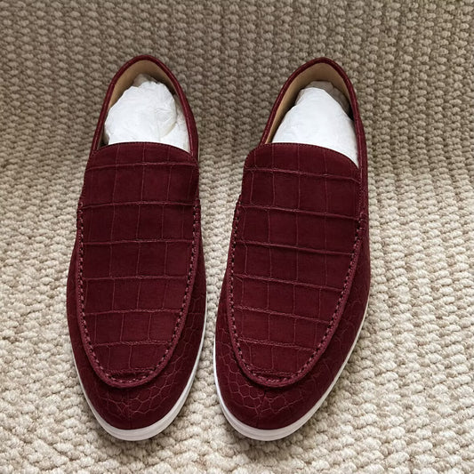 Giày Nubuck Da Cá Sấu Nam Giày Lười Da Cá Sấu Slip-On Giày Tây Rất Êm Kaki