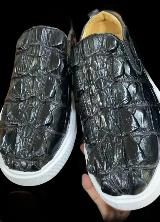 Preorder Crocodile Shoes Mens Crocodile Bone Leather Driving Shoes Slip on Flats Walking Shoes Black