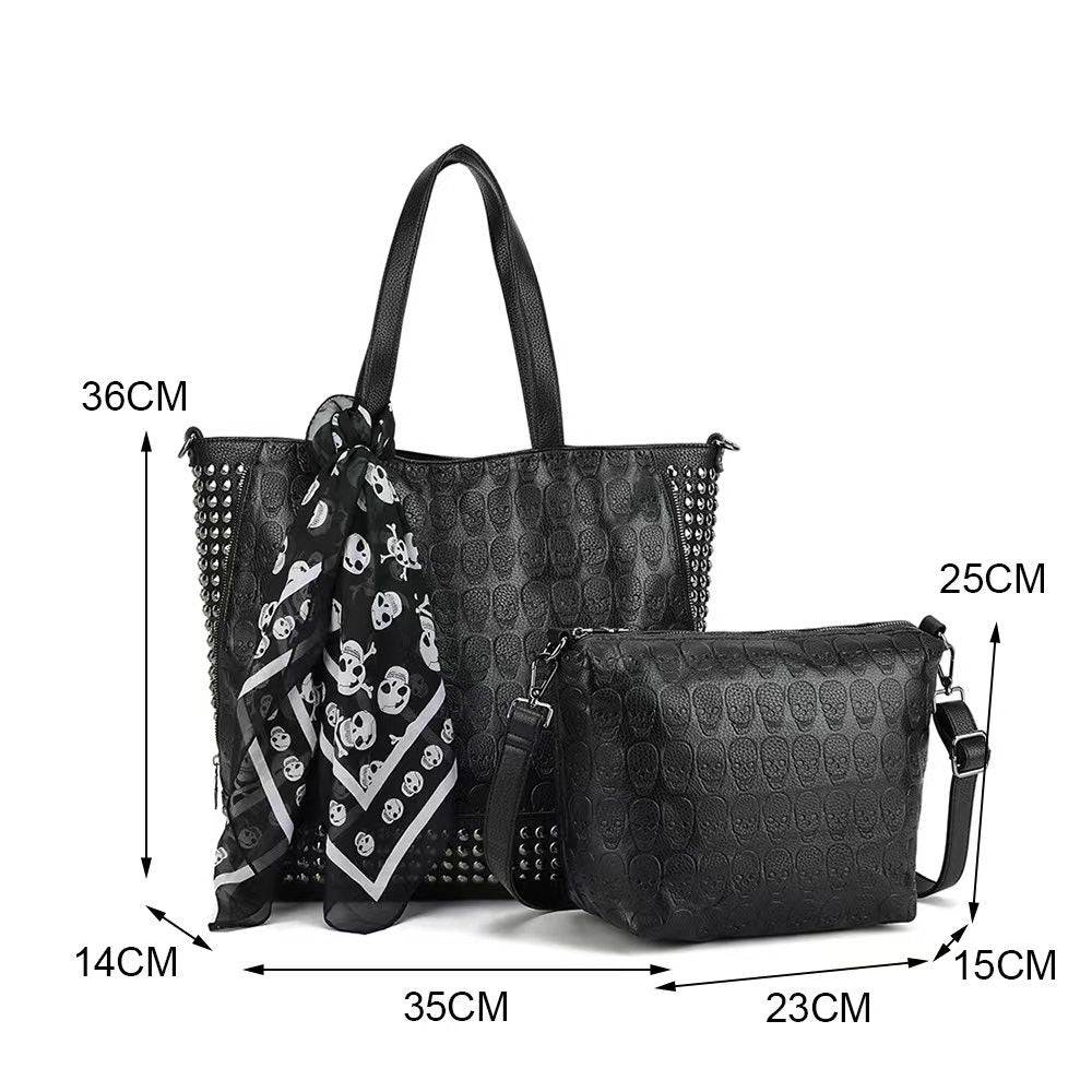 3D Large Shopper Bag,  Studded Embossed Skull Large Shopper Bag With Small Pouch & Scarf