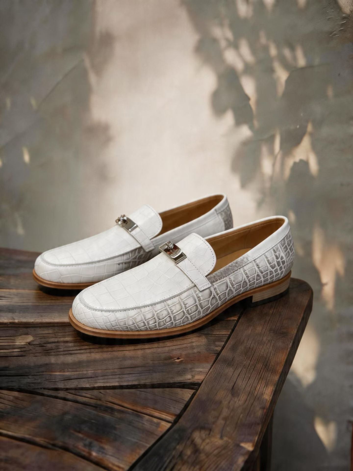 Crocodile Shoes, Himalayan White Genuine Crocodile Leather Buckle Loafer Shoes