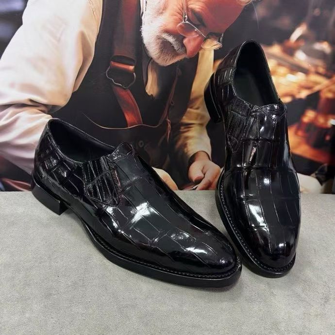 Crocodile Shoes Men's Crocodile Leather Loafer Dress Shoes Black