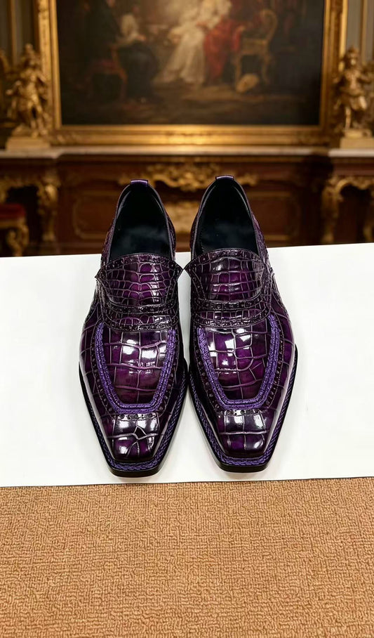 Crocodile Shoes, Crocodile Leather Norwegian Sewn Dress Loafer Shoes Vintage Purple