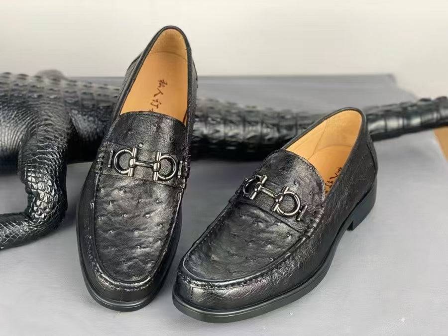 Ostrich Leather Shoes Ostrich Loafer Slip-On Shoes Black