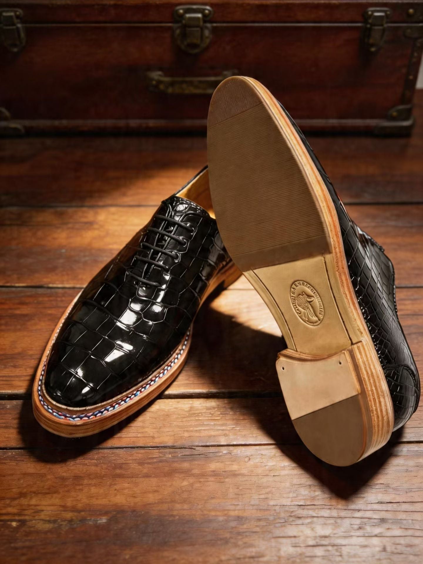 Crocodile Shoes, Genuine Crocodile Leather Norwegian Multi Color Sewn Lace Up Shoes