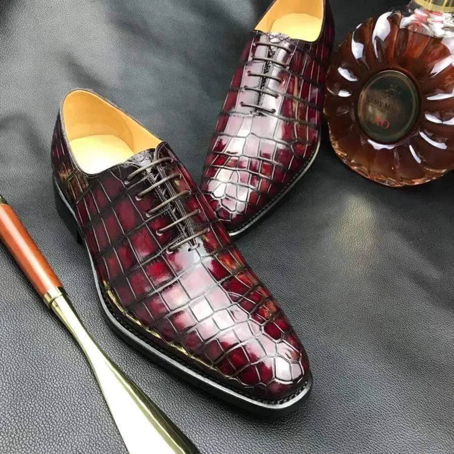 Crocodile Shoes Burnished Burgundy Derby Crocodile Belly  Leather Lace-Up Shoes For Men