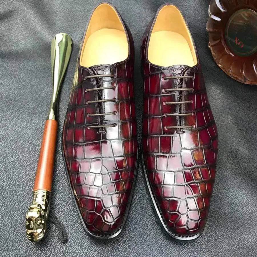 Crocodile Shoes Burnished Burgundy Derby Crocodile Belly  Leather Lace-Up Shoes For Men