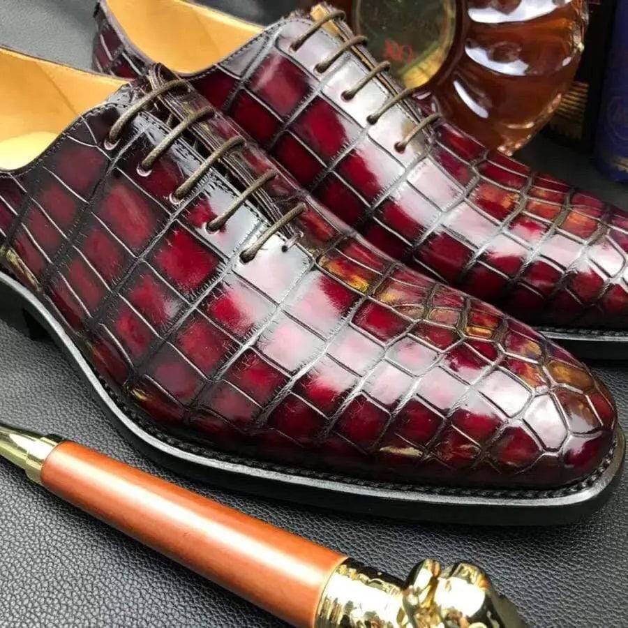 Crocodile Shoes Burnished Burgundy Derby Crocodile Belly  Leather Lace-Up Shoes For Men