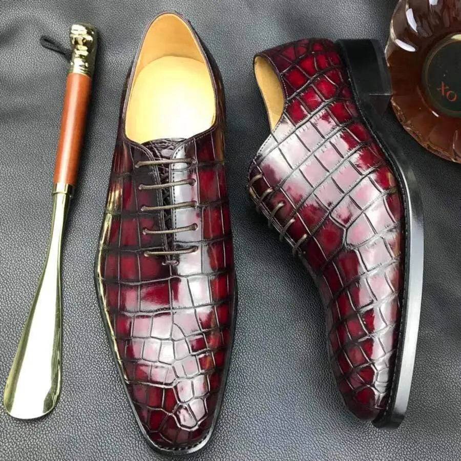 Crocodile Shoes Burnished Burgundy Derby Crocodile Belly  Leather Lace-Up Shoes For Men