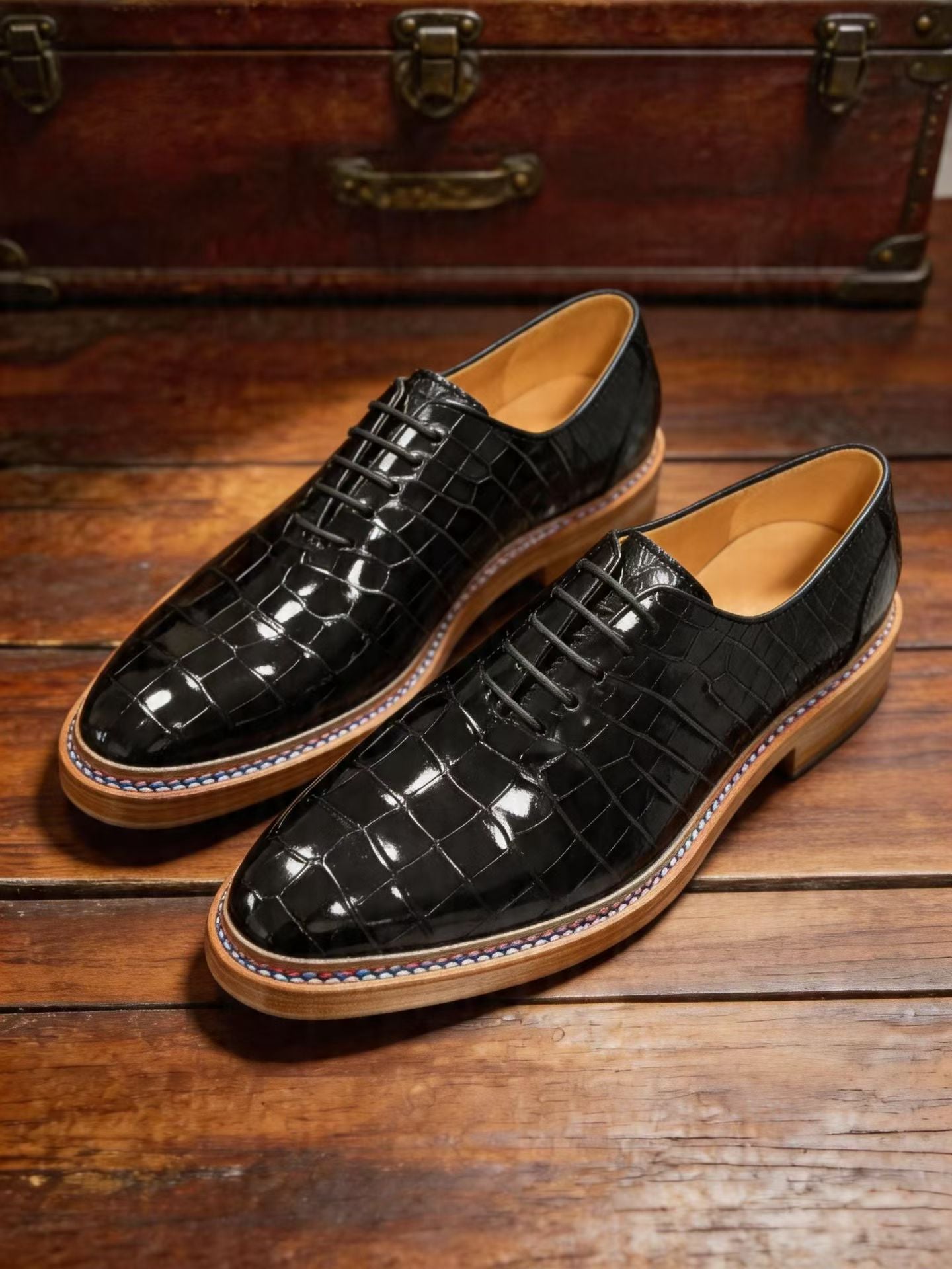 Crocodile Shoes, Genuine Crocodile Leather Norwegian Multi Color Sewn Lace Up Shoes