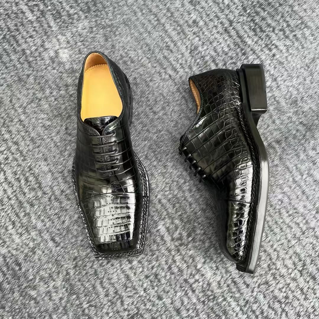 Genuine Crocodile Leather Square-Toe Classic Lace -Up Dress Shoes Black