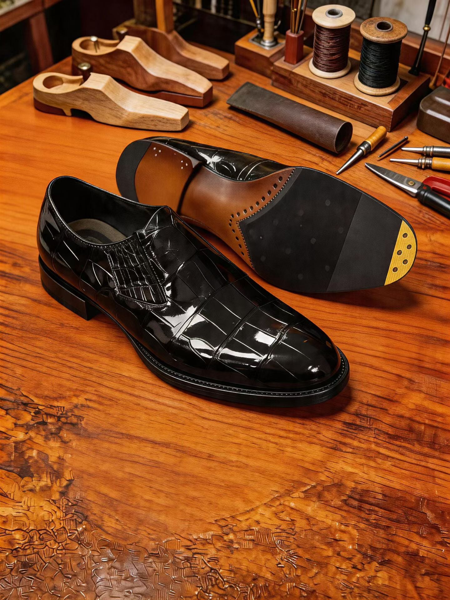 Crocodile Shoes Men's Crocodile Leather Loafer Dress Shoes Black