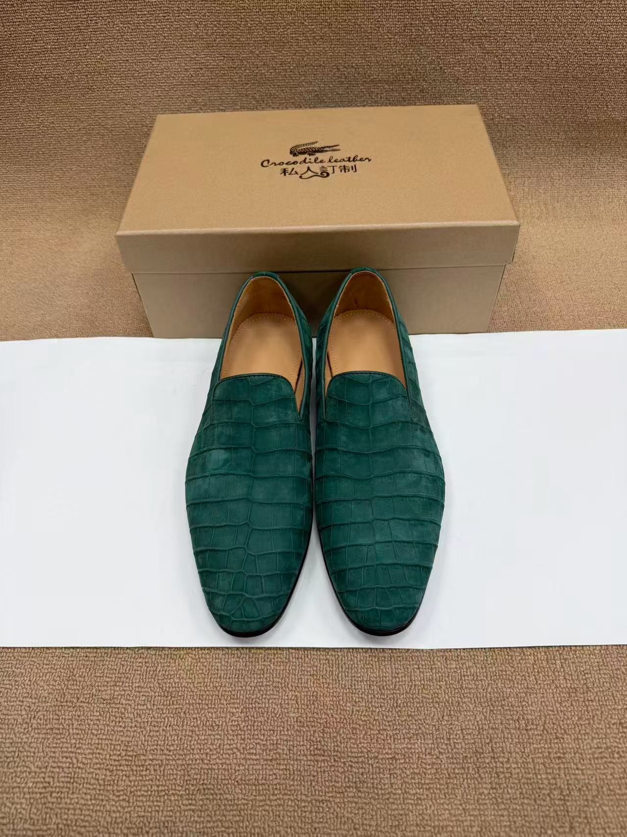 Crocodile Shoes, Men's Nubuck Crocodile Leather Slip-On Loafer Shoes Green
