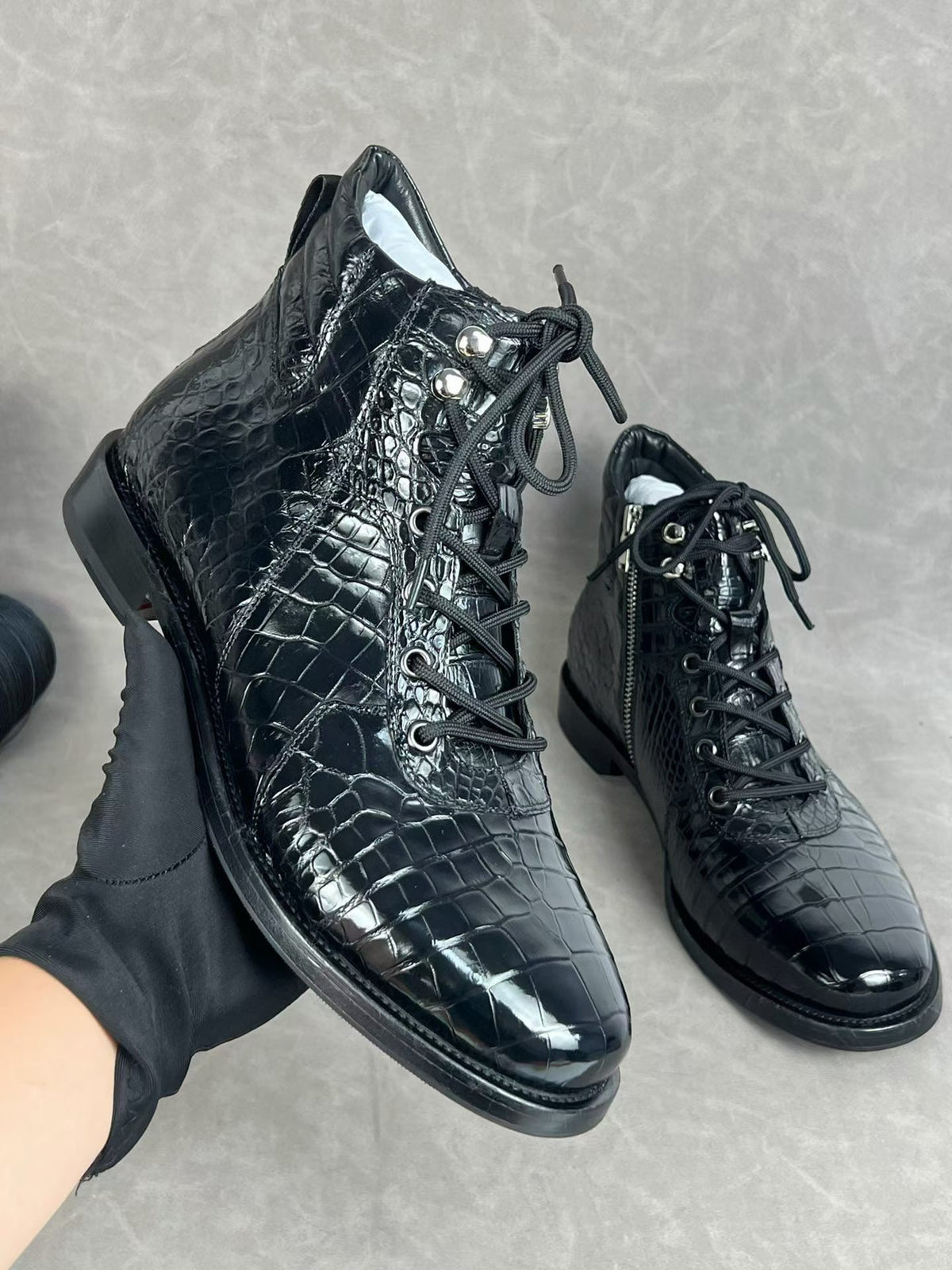 ON SALE , Crocodile Shoes ,Crocodile Belly Leather Classic Lace Up Boots