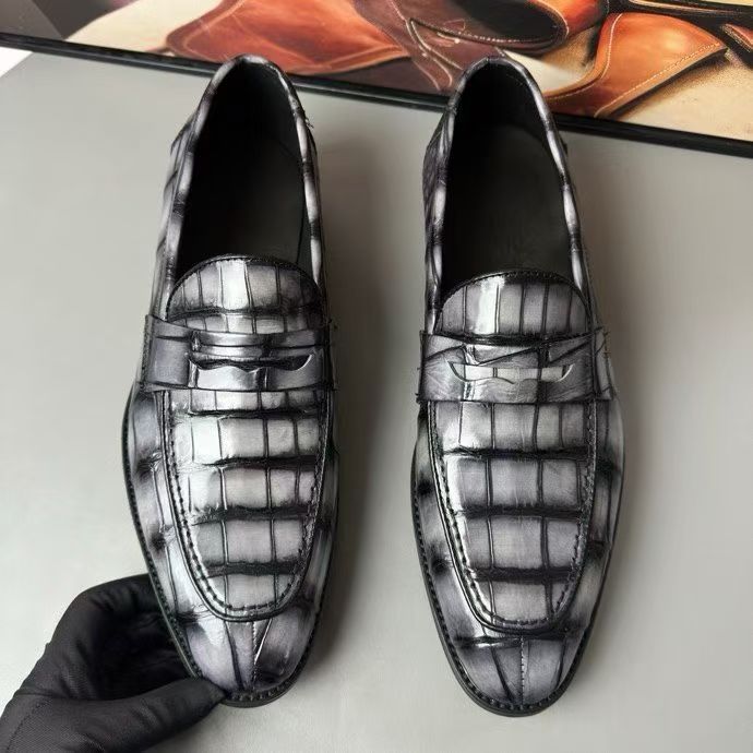Crocodile Leather Loafer Shoes Vintage Grey