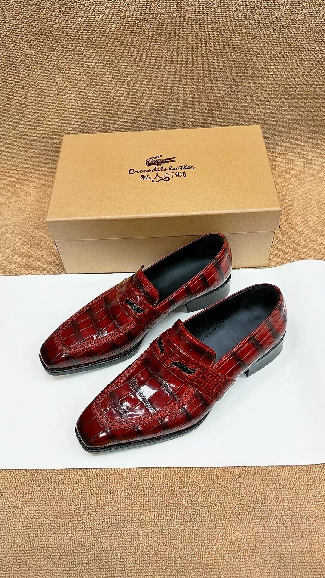 Crocodile Shoes, Crocodile Leather Norwegian Sewn Dress Loafer Shoes Red & Black