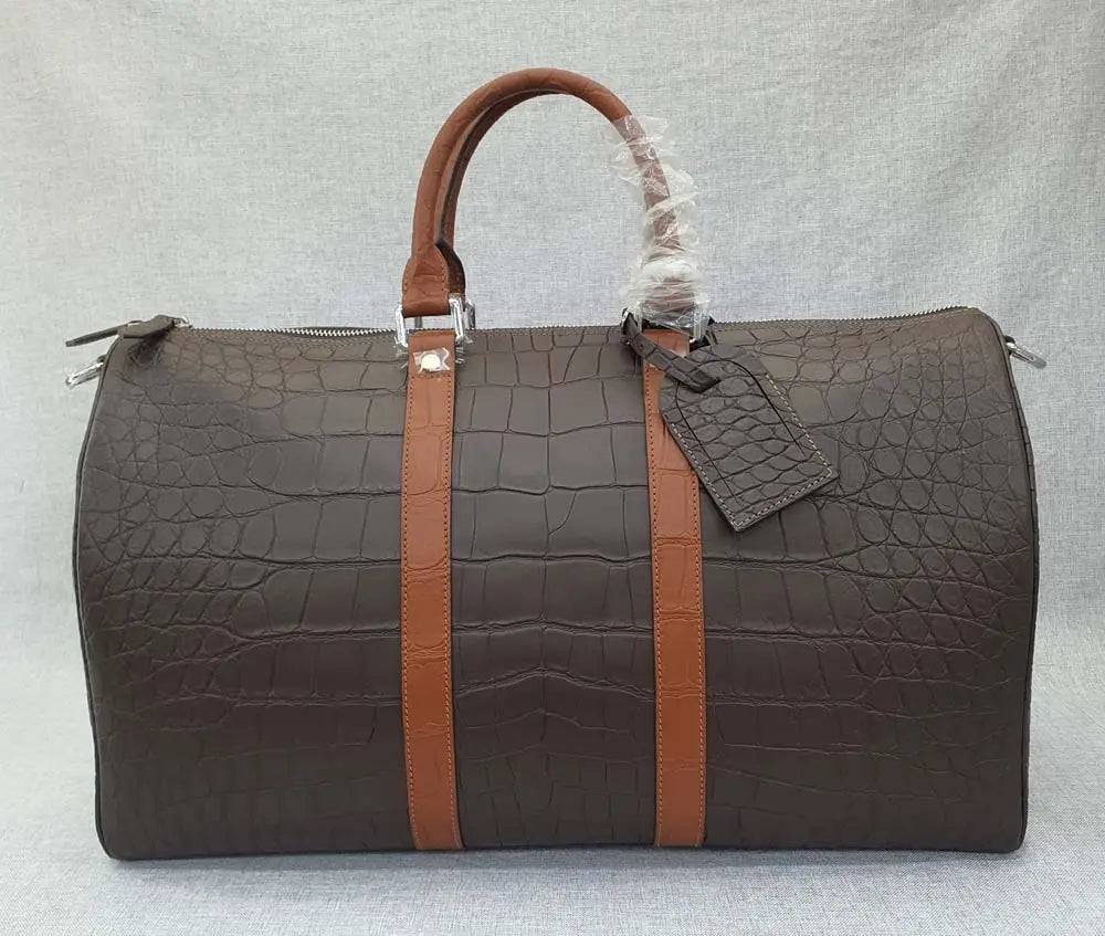 Crocodile Leather Travel Duffel Bag Brown With Tan Handle