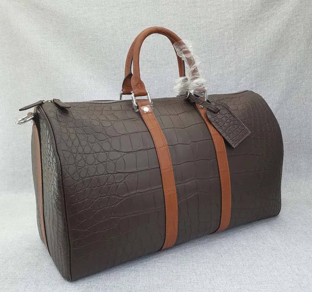 Crocodile Leather Travel Duffel Bag Brown With Tan Handle