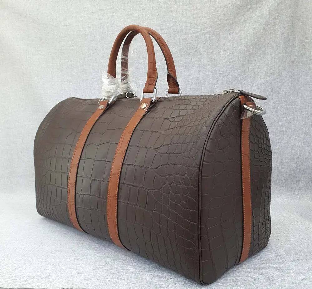 Crocodile Leather Travel Duffel Bag Brown With Tan Handle