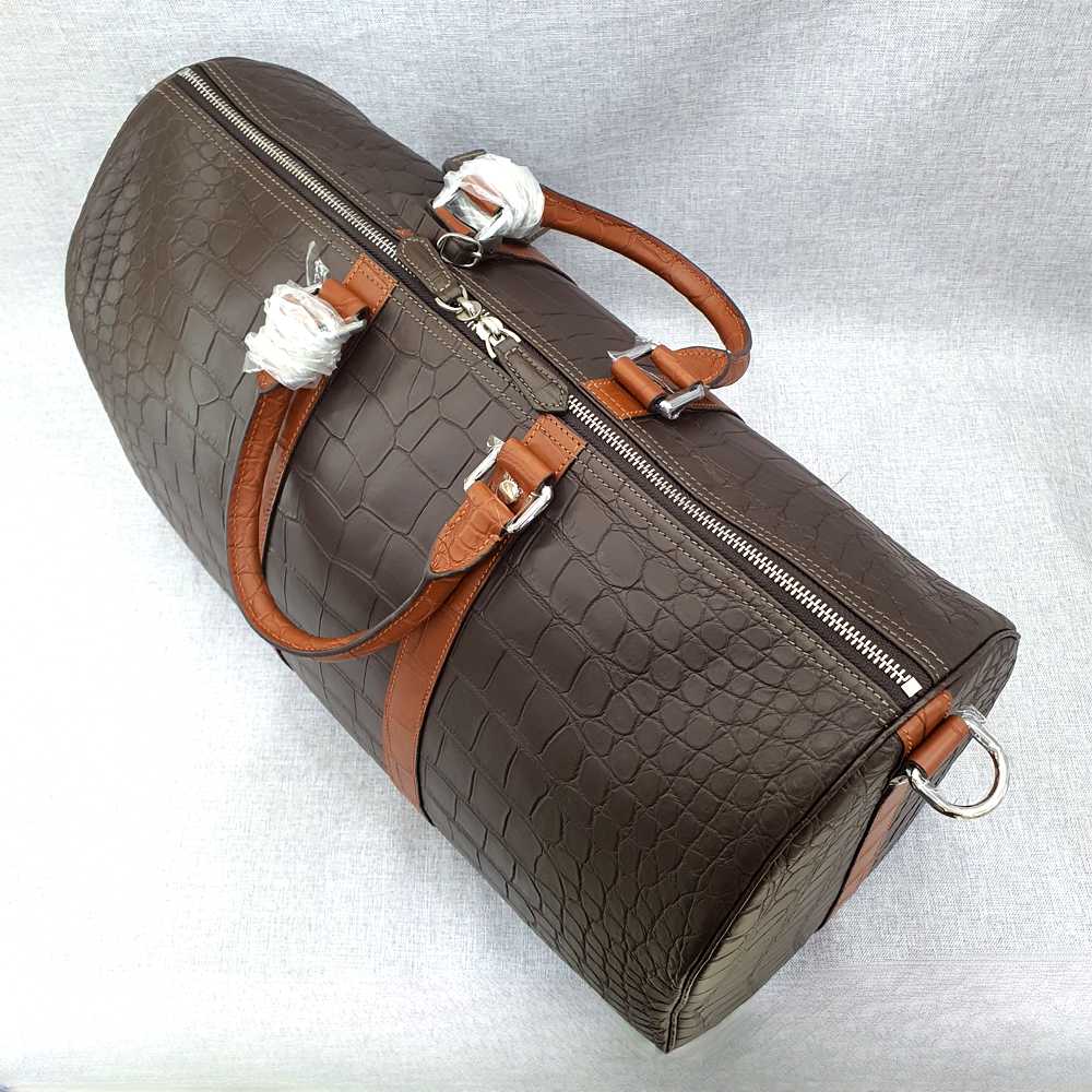 Crocodile Leather Travel Duffel Bag Brown With Tan Handle