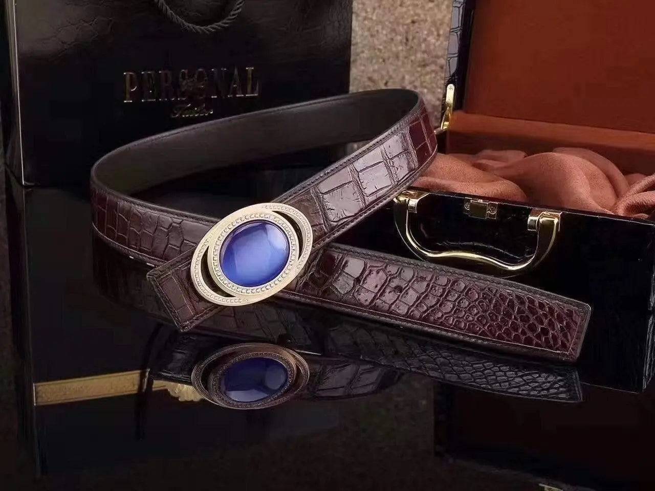 Crocodile Skin With Cats Eye Stone Inlaid Buckle