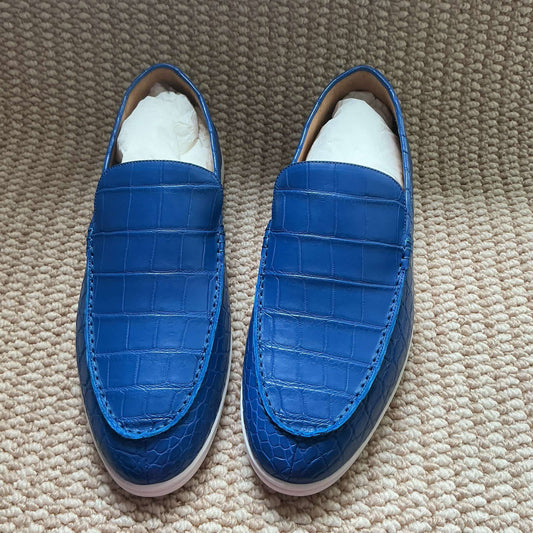 Đặt trước Giày lười da cá sấu Nubuck màu Đỏ rượu/Vàng cam/Xám đậm