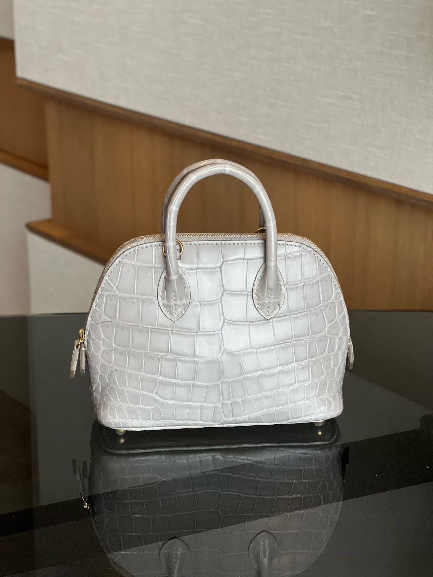 Womens Genuine Crocodile Skin Leather Cross Body Handle Bag Mini Grey