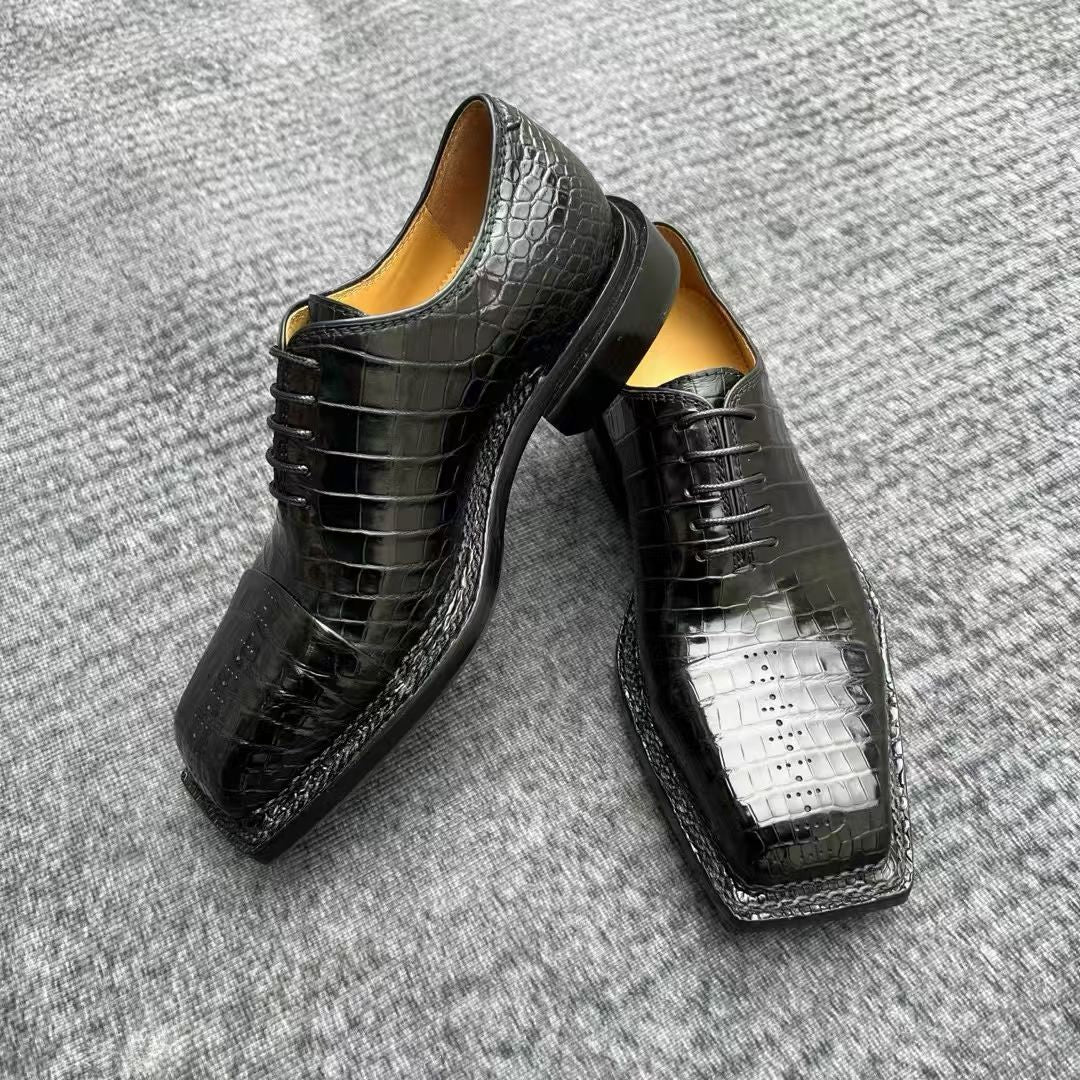 Genuine Crocodile Leather Square-Toe Classic Lace -Up Dress Shoes Black