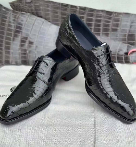 Crocodile Shoes Mens Crocodile Leather Business Lace Up Dress Shoes Black