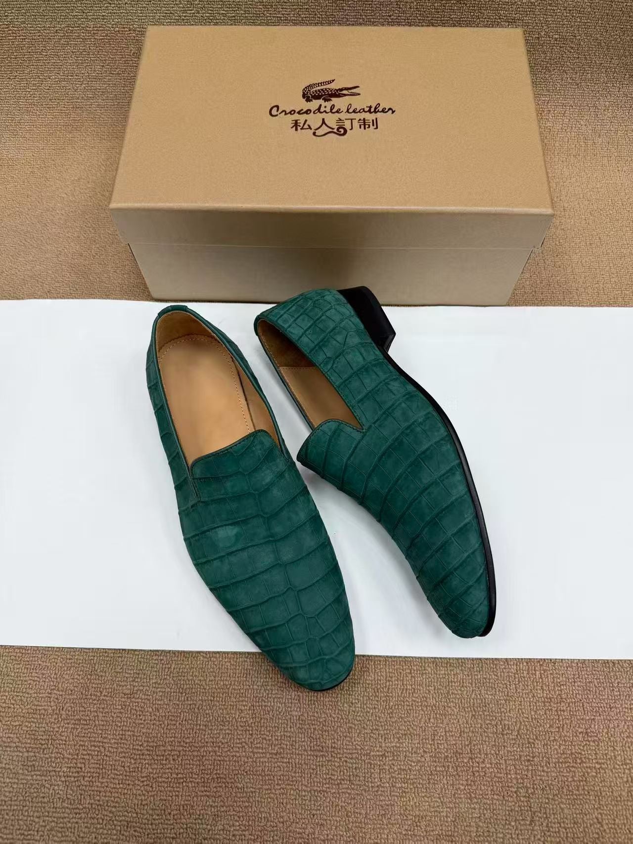 Crocodile Shoes, Men's Nubuck Crocodile Leather Slip-On Loafer Shoes Green
