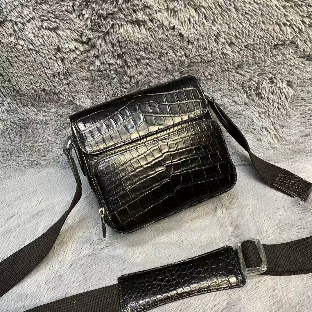 Men's Crocodile Skin Leather Cross Body Shoulder Bag Vintage Black