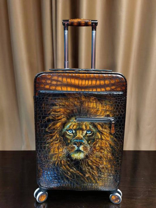 retro valigia trolley/roll-aboard in pelle marrone coccodrillo borsa da viaggio/weekend trolley case ruote universali 20 pollici con pittura a mano