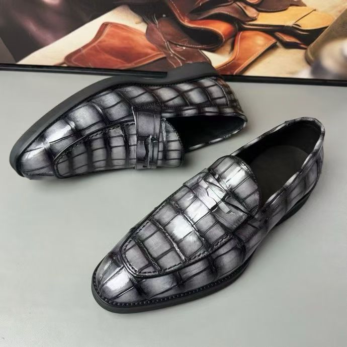 Crocodile Leather Loafer Shoes Vintage Grey