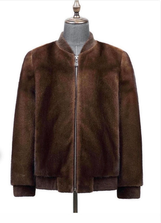 Unisex Brown Mink Fur Slim Fit Motorcycle Bomber Biker Jacket
