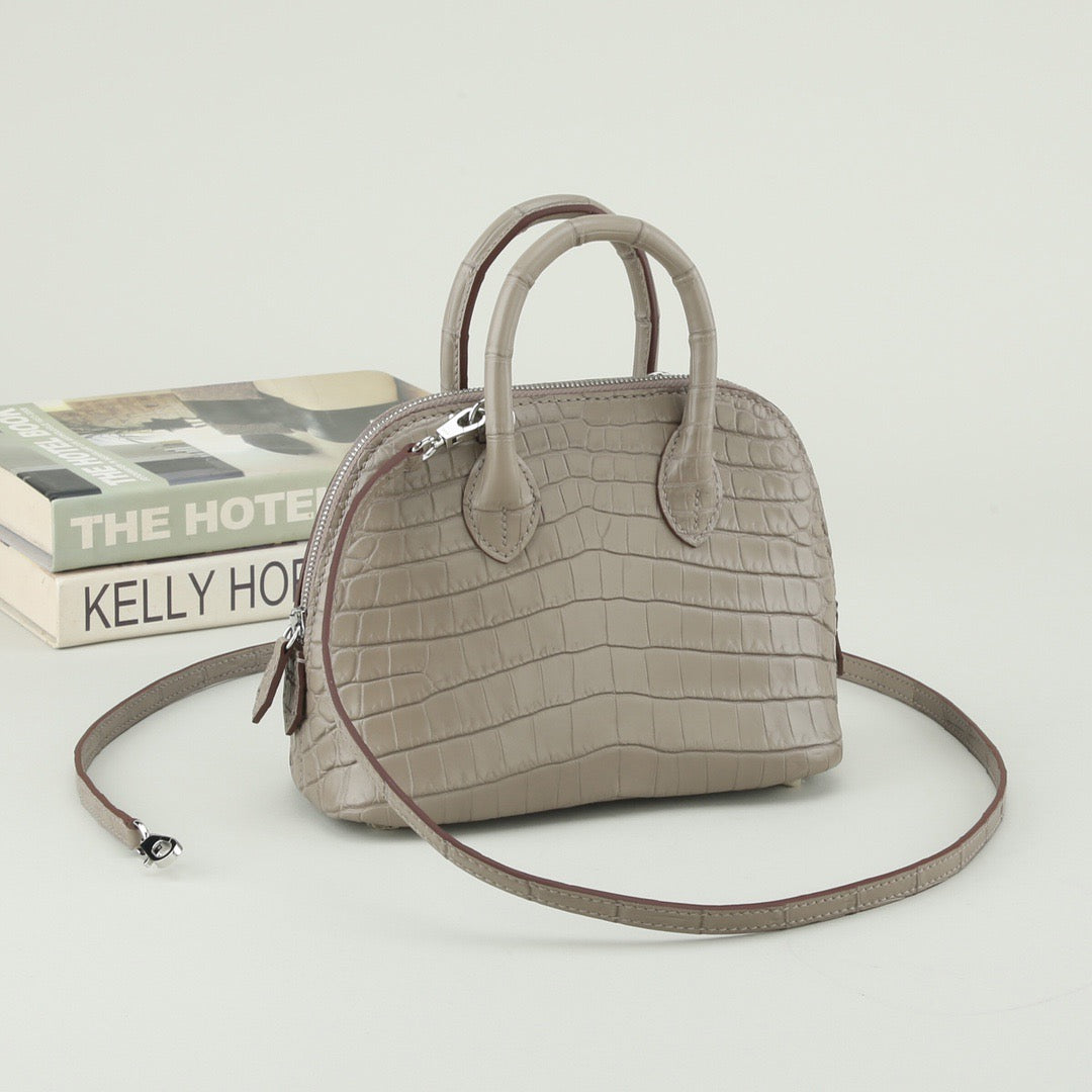 Prorder Genuine Crocodile Leather Shell Promennade Trapezoid Cross Body Bag Grey Small