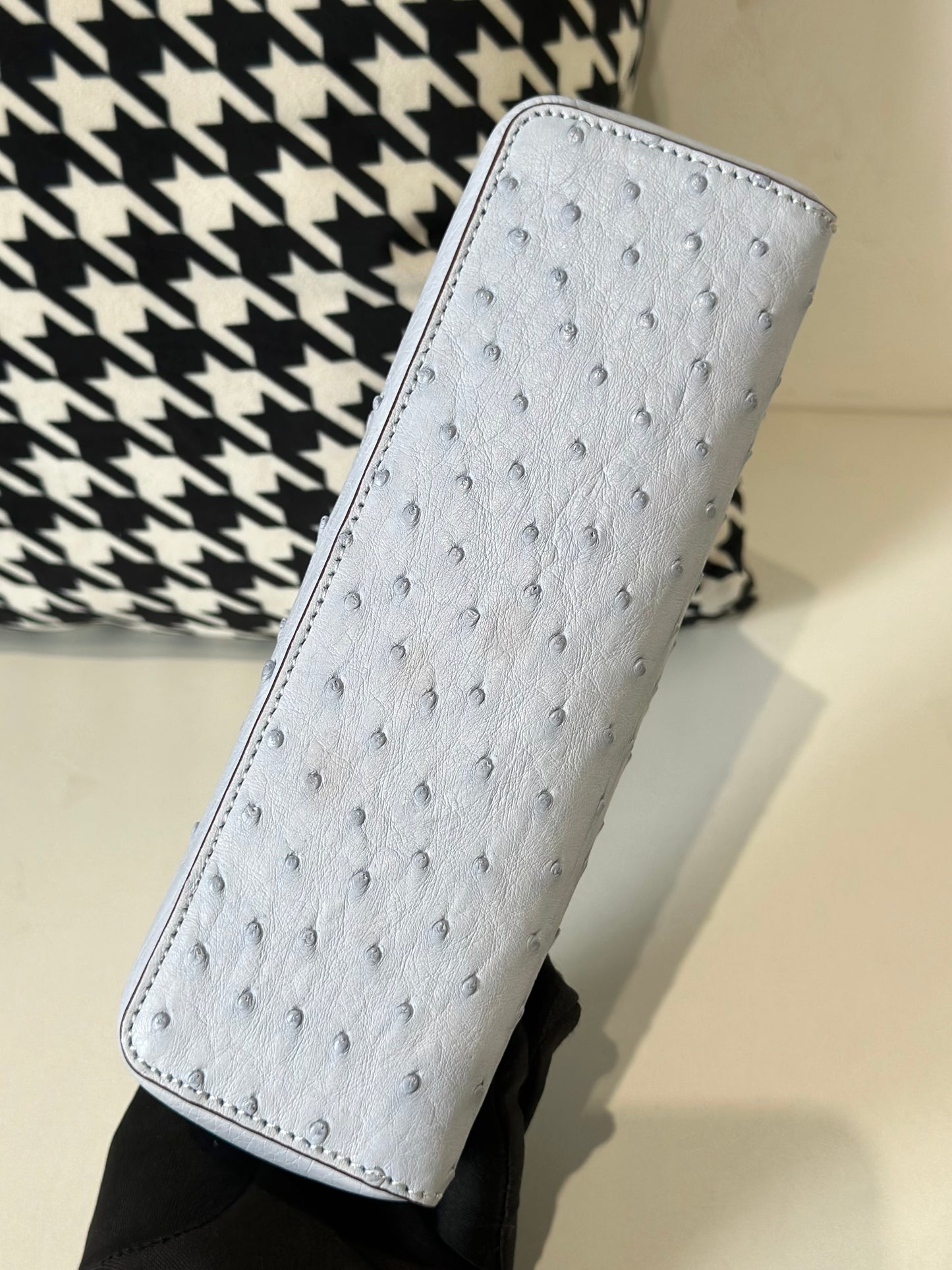 Genuine Ostrich Skin Leather Zipper Cosmetic Handle Bag