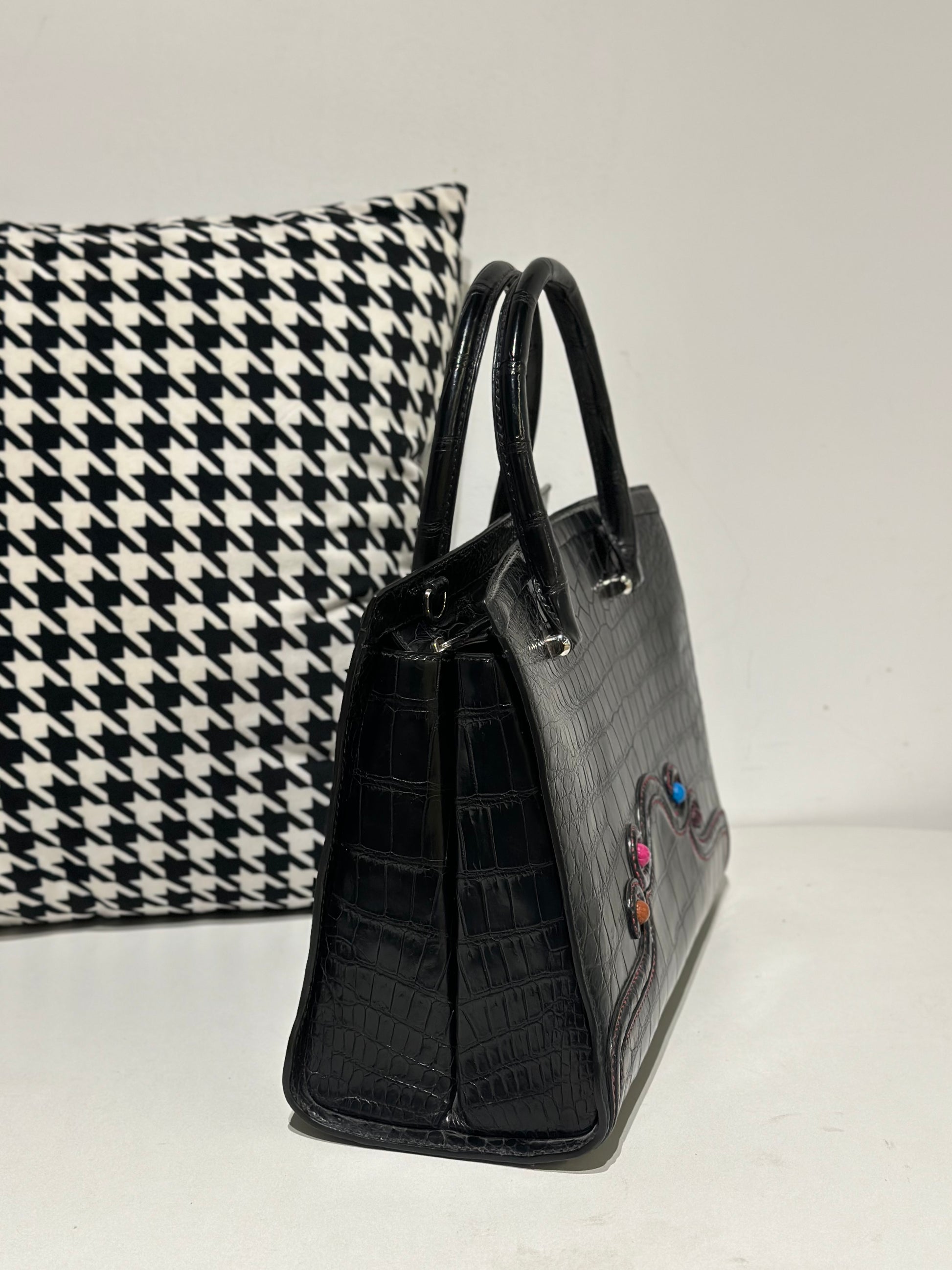 Crocodile Leather Top Handle Bag Black