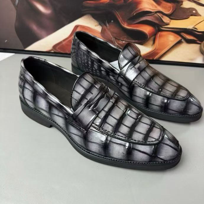 Crocodile Leather Loafer Shoes Vintage Grey