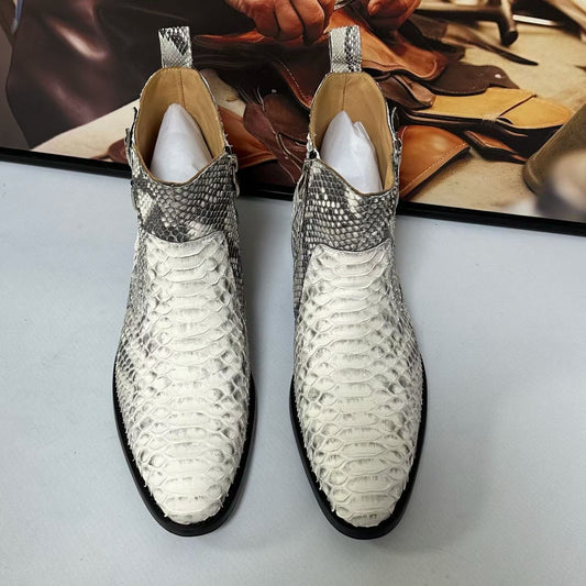 Crocodile Boots ,Men’s Python Skin Chelsea Ankle Boots Cream