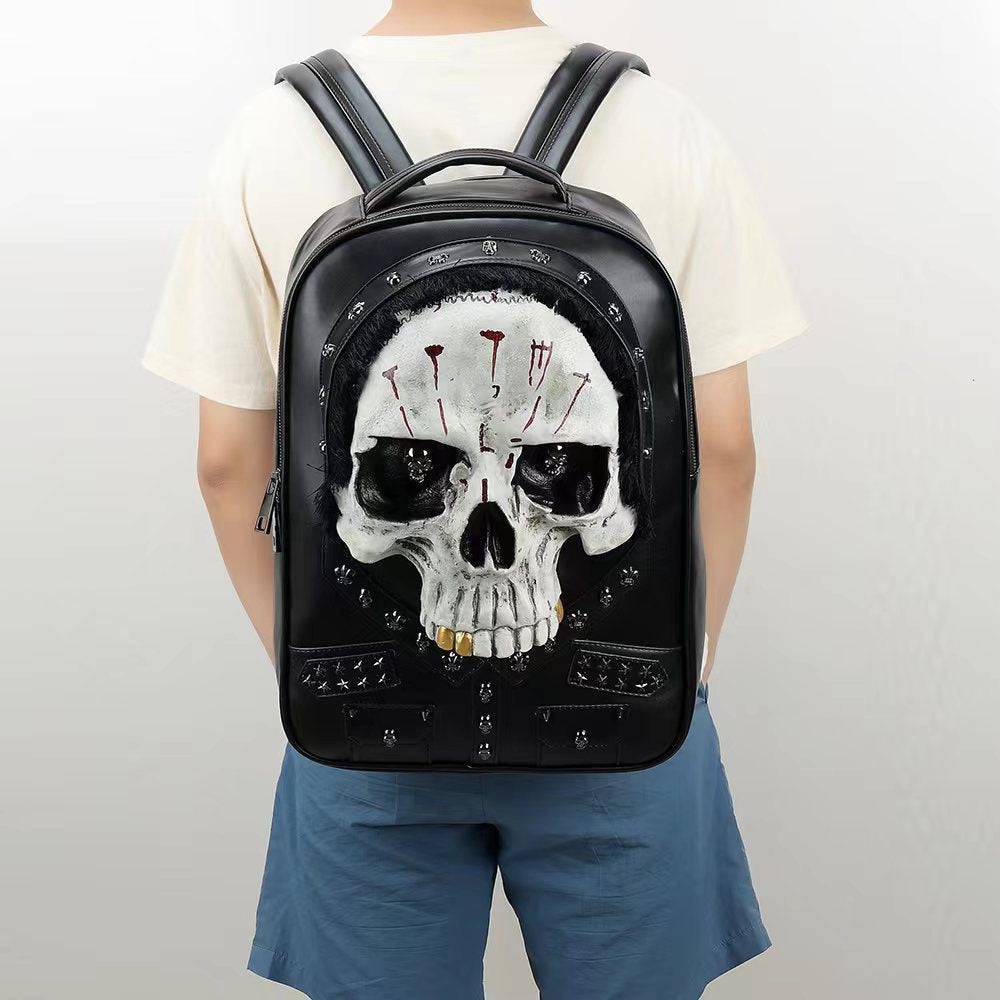 3D Skull Backpack,Studded Skull, With Hair Large Laptop Backpack